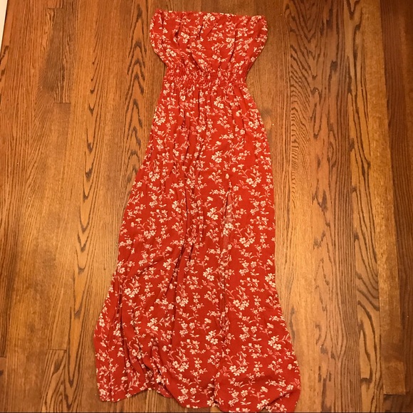 Zaful Dresses & Skirts - Zaful Red Floral Strapless Maxi Dress- S